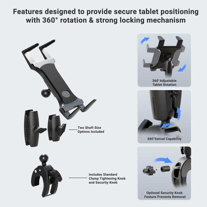 The Slim-Grip® Tablet Holder with Clamp Mount and Security Knob Shaft offers secure locking, 360° rotation, an adjustable swivel, and a tightening knob. Optional security lock prevents removal. Inset images highlight main product features.