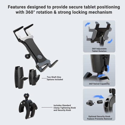 The Slim-Grip® Tablet Holder with Clamp Mount and Security Knob Shaft offers secure locking, 360° rotation, an adjustable swivel, and a tightening knob. Optional security lock prevents removal. Inset images highlight main product features.