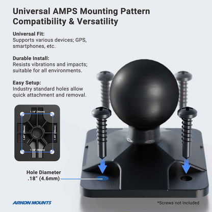 A black mounting base with a ball and four 4.6mm screw holes is shown with screws nearby. Text highlights its easy setup, universal camera mount compatibility for Nikon, Sony, Canon, Fujifilm & Olympus; diagram shows hole spacing.
