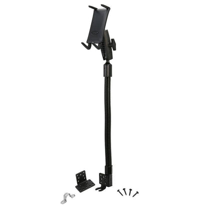 The Slim-Grip® Ultra Phone Seat Rail or Floor Car Truck Mount is a black adjustable holder with a flexible gooseneck arm, mounting brackets, and screws—perfect for secure installation on flat surfaces in cars or trucks.