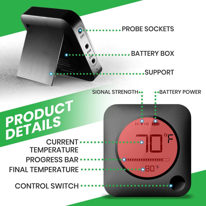 Smart Bluetooth Bbq Grill Thermometer - Digital Display, Wireless Remote Alert Ios Android Phone