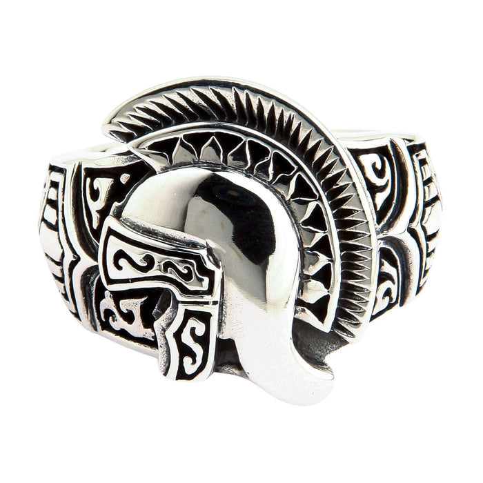 A direct front view of the polished sterling silver Spartan helmet ring.