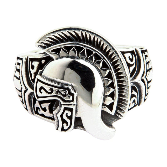 A direct front view of the polished sterling silver Spartan helmet ring.