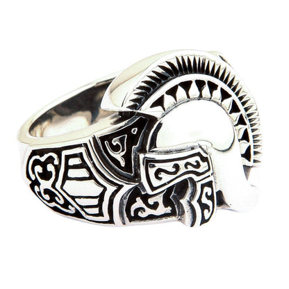 An angled view of the sterling silver Spartan helmet ring, showing the engraved band and polished crest.