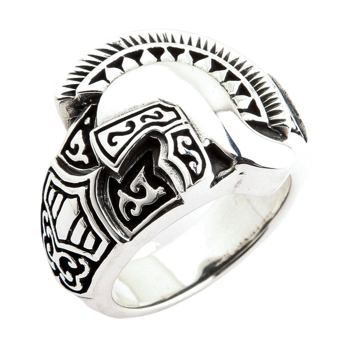 A view of the another side of the Roman helmet ring, detailing the ancient-style engravings.