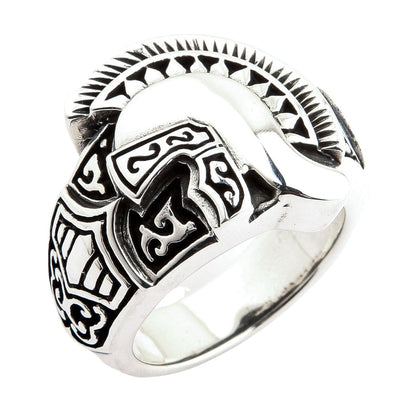 A view of the another side of the Roman helmet ring, detailing the ancient-style engravings.