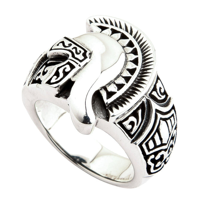 A side profile of the Greek helmet ring, highlighting the intricate carvings on the band.