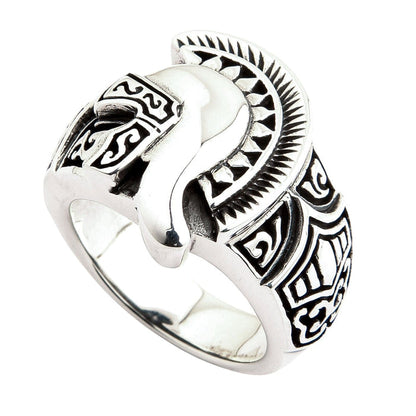 A side profile of the Greek helmet ring, highlighting the intricate carvings on the band.