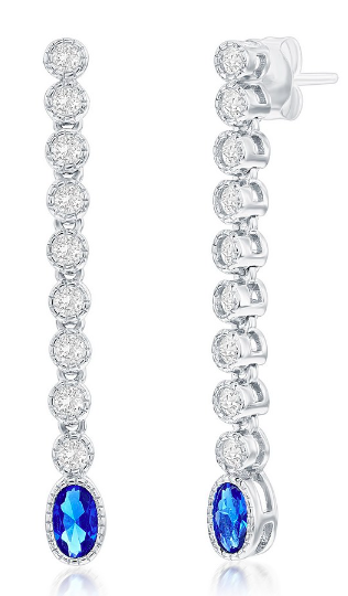 Sterling Silver Beaded Outline Oval & Round CZ Earrings - Sapphire
