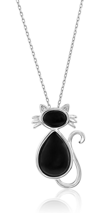Sterling Silver Onyx Cat  with Chain