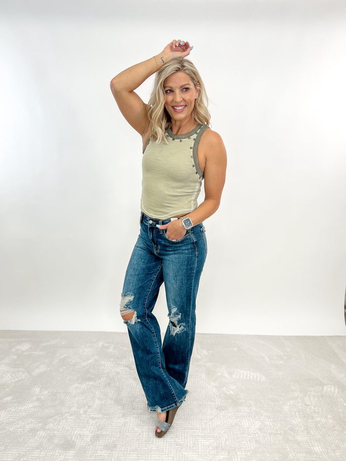 Studded Contrast Pointed Hem Tank, Olive