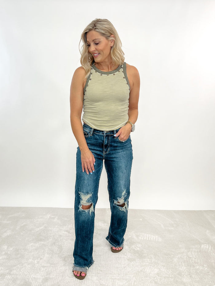 Studded Contrast Pointed Hem Tank, Olive
