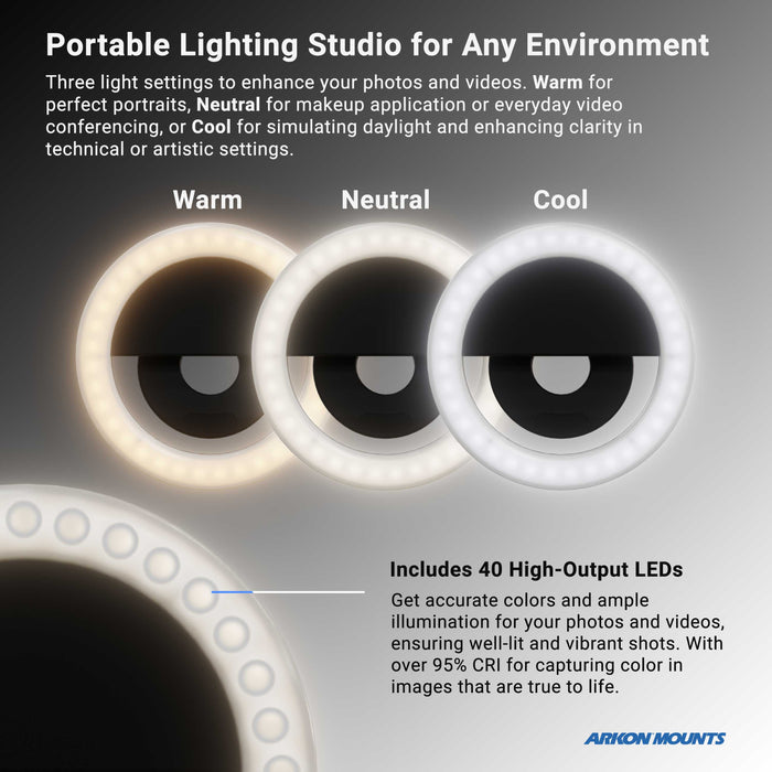 A graphic displays the Suction RoadVise® Phone Mount and Ring Light Bundle’s three LED ring lights—Warm, Neutral, and Cool—each with unique color temperatures, ideal for videos, photos, and beauty content with 40 high-output LEDs for accurate color.