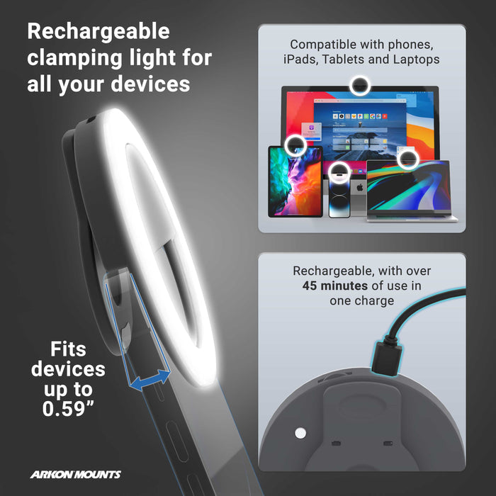 The Suction RoadVise® Phone Mount and Ring Light Bundle fits devices up to 0.59, works with phones, tablets, laptops, is great for beauty content, and offers over 45 minutes of rechargeable LED lighting per charge.