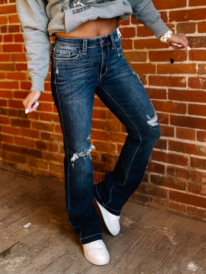 Sylvie Mid Rise Destroyed Bootcut, Dark Wash