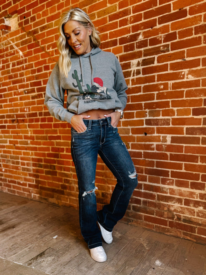 Sylvie Mid Rise Destroyed Bootcut, Dark Wash