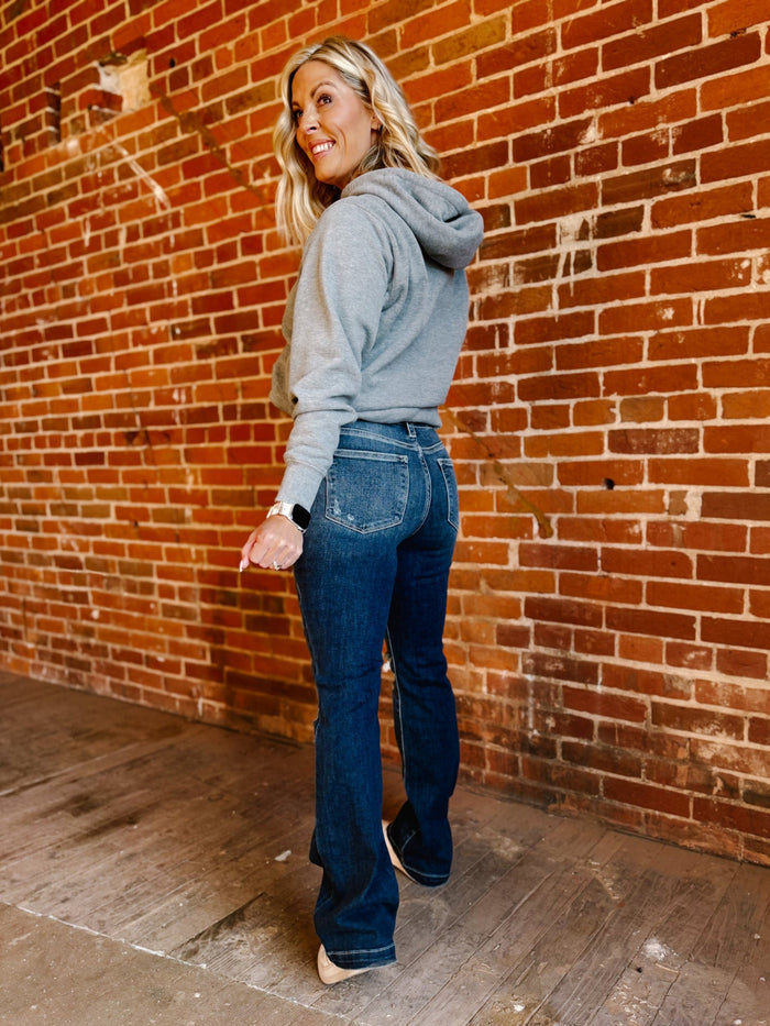 Sylvie Mid Rise Destroyed Bootcut, Dark Wash