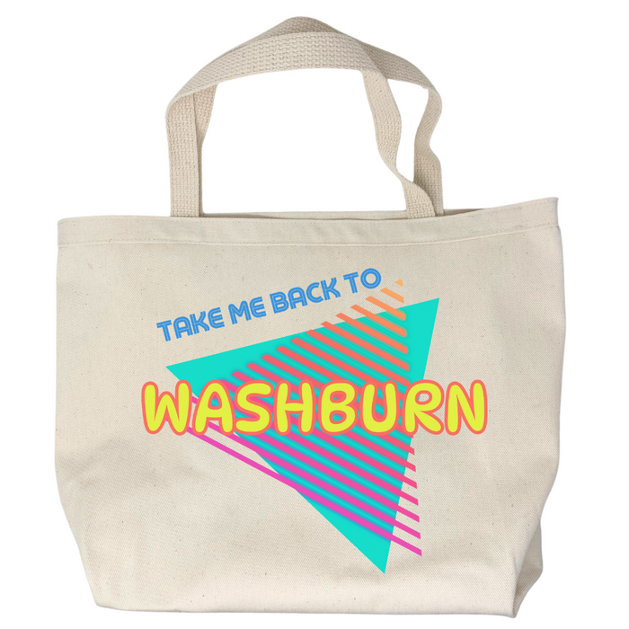 USA-Made in Washburn, Wisconsin with 100% cotton canvas. This unique tote bag features a fun graphic designed in-house. Perfect for carrying your essentials on any adventure! Features a neon retro 90's graphic that reads "Take me back to Washburn."
