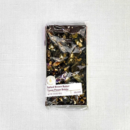 Texas Pecan Brittle Bar with 70% dark chocolate by Wildwood Chocolate.