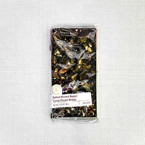 Texas Pecan Brittle Bar with 70% dark chocolate by Wildwood Chocolate.