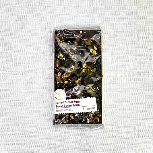Texas Pecan Brittle Bar with 70% dark chocolate by Wildwood Chocolate.