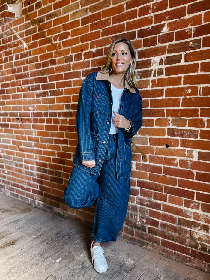 The Rowan Oversized Pinstripe Denim Jacket, Dark Wash