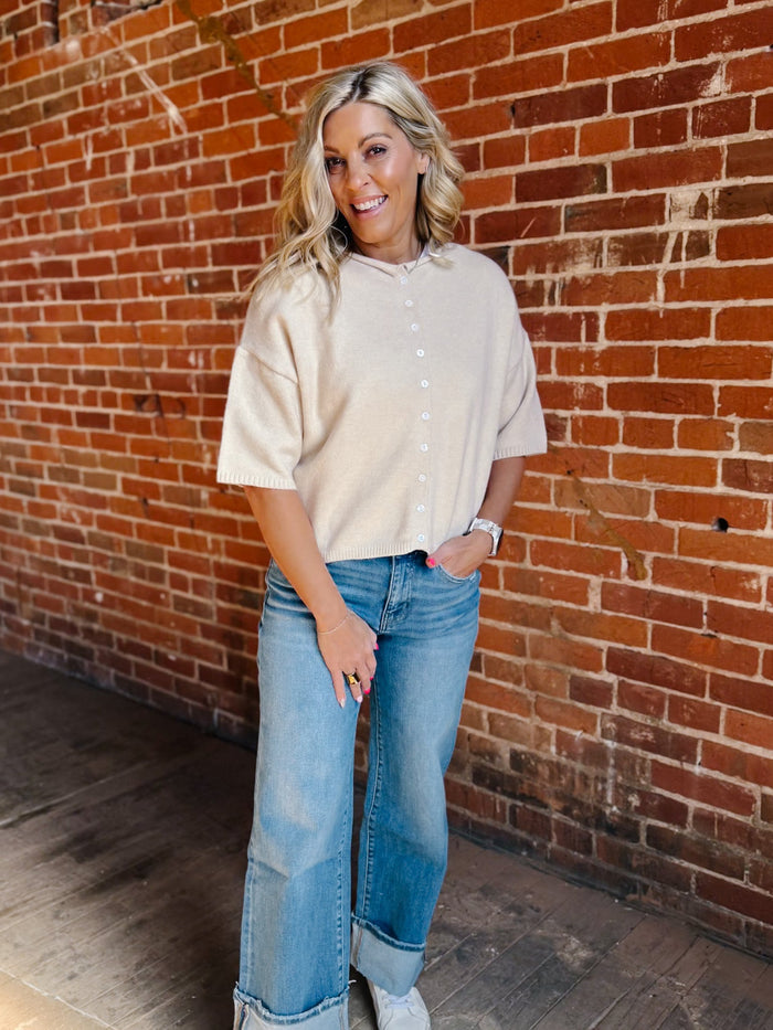 The Soft Landing Button Down Half Sleeve Cardigan, Sand
