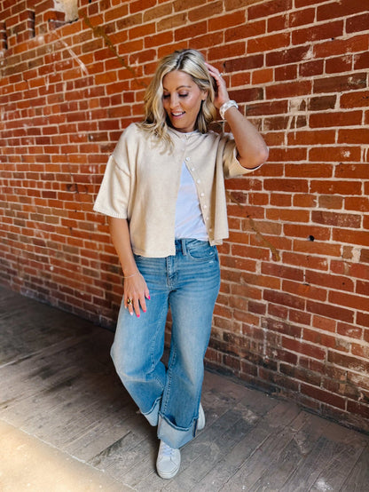 The Soft Landing Button Down Half Sleeve Cardigan, Sand