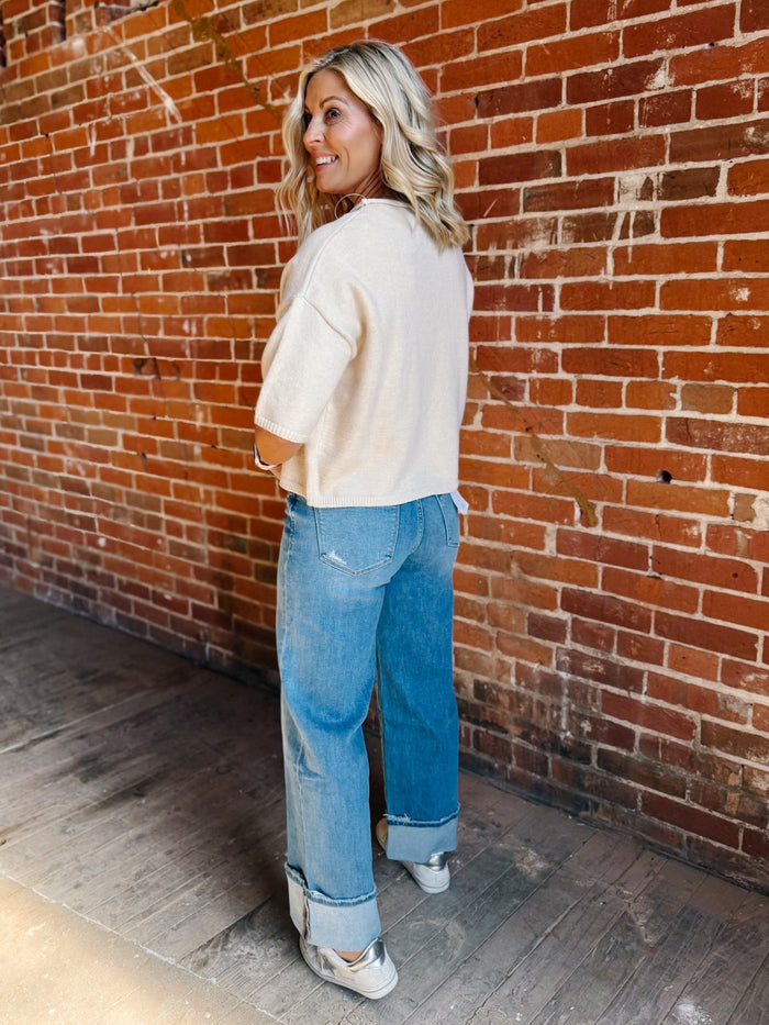The Soft Landing Button Down Half Sleeve Cardigan, Sand