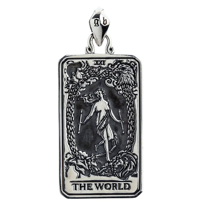 A front-on view of the handmade sterling silver "The World" tarot card pendant.