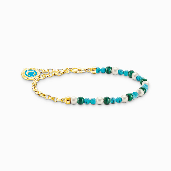 Thomas Sabo Member Charm-Armband mit weißen Perlen, Malachit und Charmista Coin vergoldet - A2130-140-7-L17V