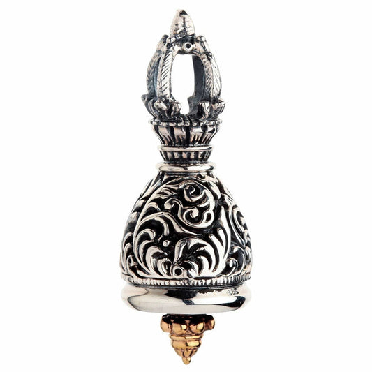 A solid sterling silver Tibetan Guardian Bell, featuring an ornate Vajra handle and a detailed bell.