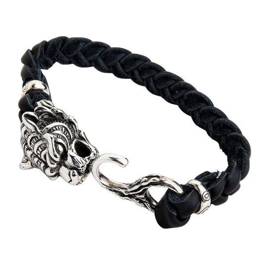 Tiger head sterling silver bracelet with black braided leather band front view showing detailed clasp
