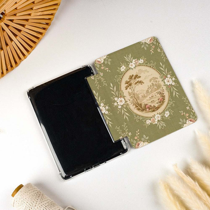 kindle case with a floral and nature-themed case on a light surface