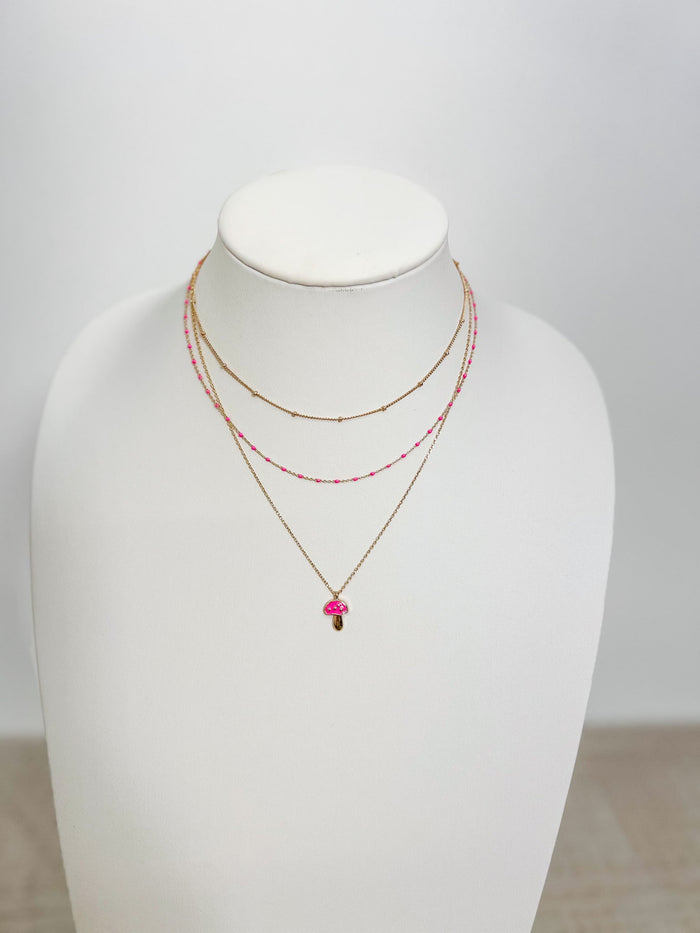 Triple Layered Mushroom Pendant Necklace, Pink
