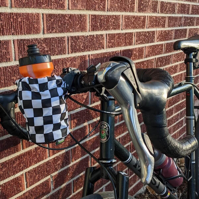 Checkered water bottle holder on drop bar bike