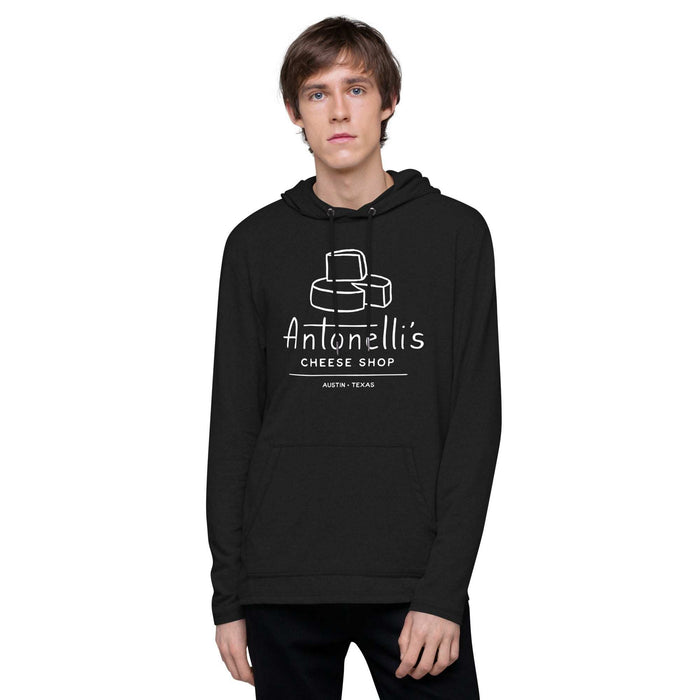 Unisex lightweight hoodie in black with "Antonelli's Cheese Shop" logo, front pouch pocket, and unlined hood.