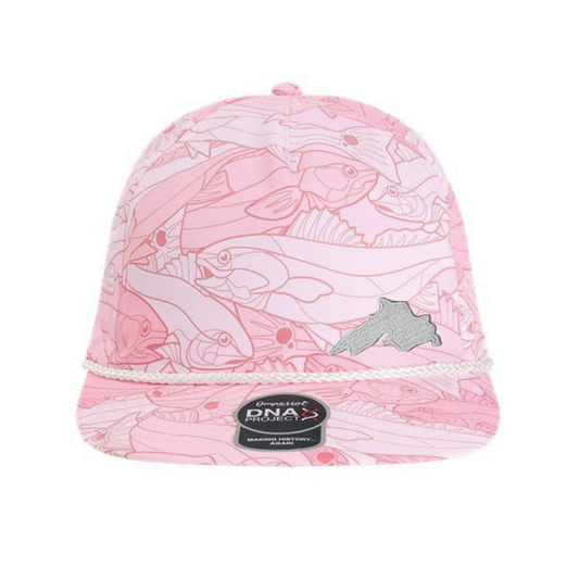 A pink snapback cap featuring a fish pattern, a white rope detail across the brim, and a black and silver Lake Superior embroidered patch.