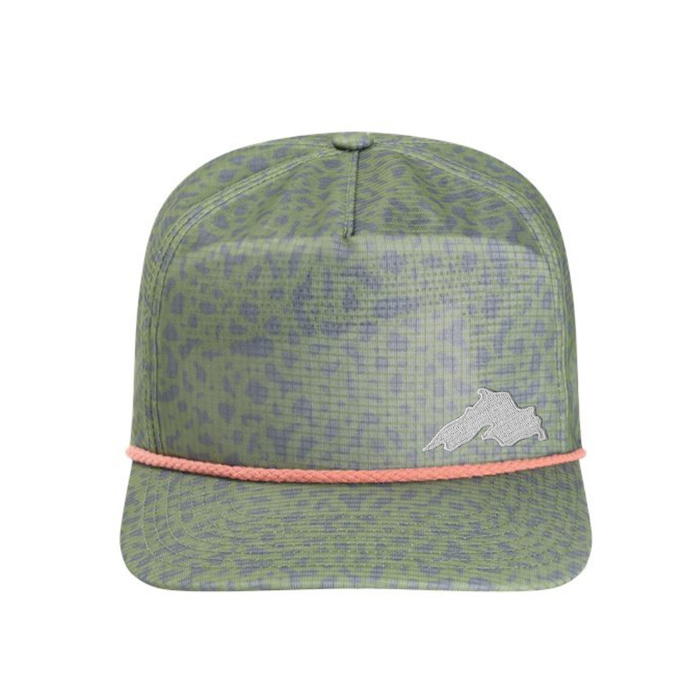 Green Trout Skin sublimated printed unstructured breathable ripstop brimmed hat with decorate contrasting rope accent and silver embroidered Lake Superior patch by AdventureUs in Wisconsin.