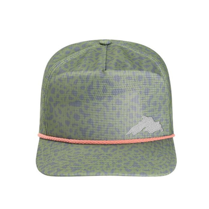 Green Trout Skin sublimated printed unstructured breathable ripstop brimmed hat with decorate contrasting rope accent and silver embroidered Lake Superior patch by AdventureUs in Wisconsin.