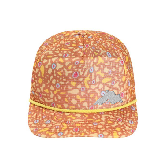 Trout Skin sublimated printed unstructured breathable ripstop brimmed hat with decorate contrasting rope accent and silver embroidered Lake Superior patch by AdventureUs in Wisconsin.