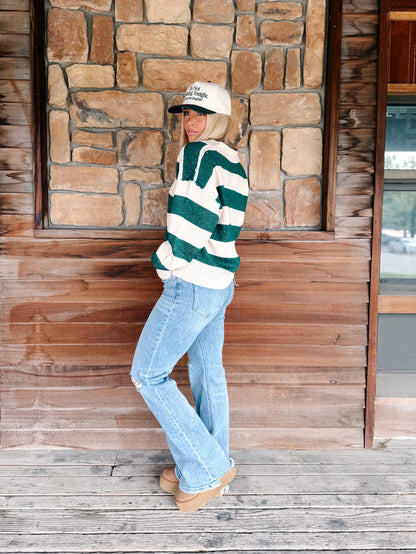 Varsity Vibes Rugby Stripe Polo Sweater, Dark Green