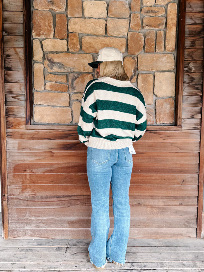 Varsity Vibes Rugby Stripe Polo Sweater, Dark Green