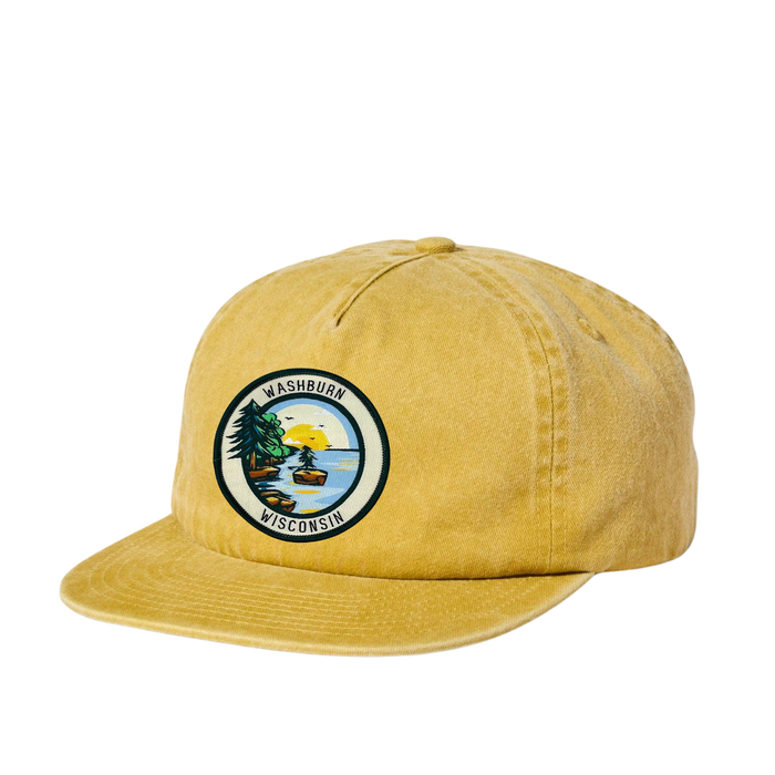 Sunburst Yellow Flat Brimmed Hat featuring a woven patch of Egg Island on Lake Superior and the words Washburn Wisonsin designed by AdventureUs.