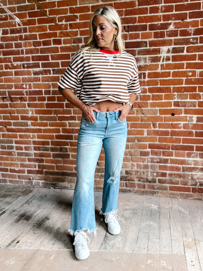 Weekend Light Wash Distressed Cropped Wide Leg Jeans