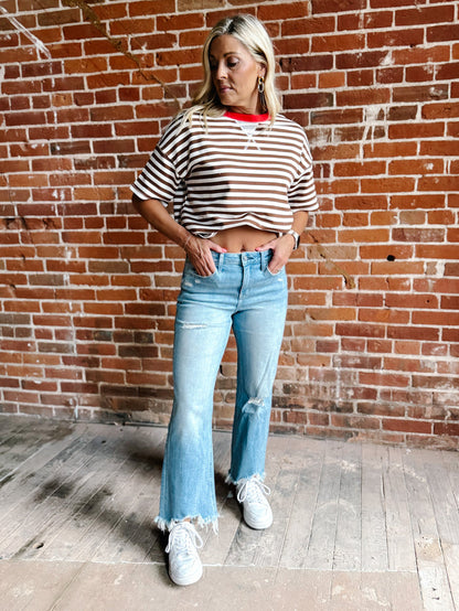 Weekend Light Wash Distressed Cropped Wide Leg Jeans