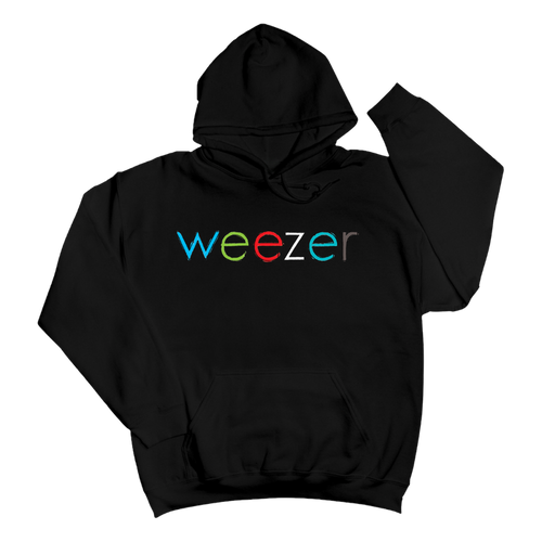 Black hoodie featuring the word ’weezer’ in a colorful, rainbow-gradient font across the chest.