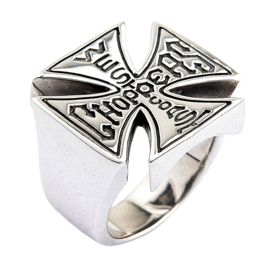 A men's solid sterling silver ring in the shape of the West Coast Choppers Iron Cross logo.