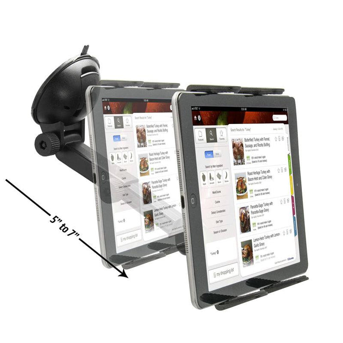 The Windshield Suction Tablet Mount with Extension Arm securely holds a 5–7 inch wide tablet displaying a food ordering app. The adjustable extension arm is shown mounted on a car windshield.