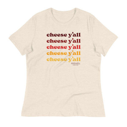 Women's relaxed fit t-shirt with "Cheese Y'all" print, soft cotton blend.